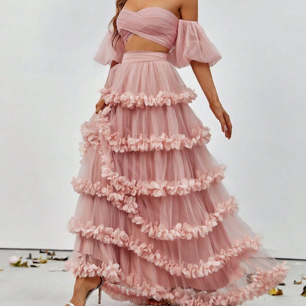 Dusty Pink Party Women's Off-Shoulder Crop Top & Ruffled Tulle Skirt Set - Picture 1 of 6